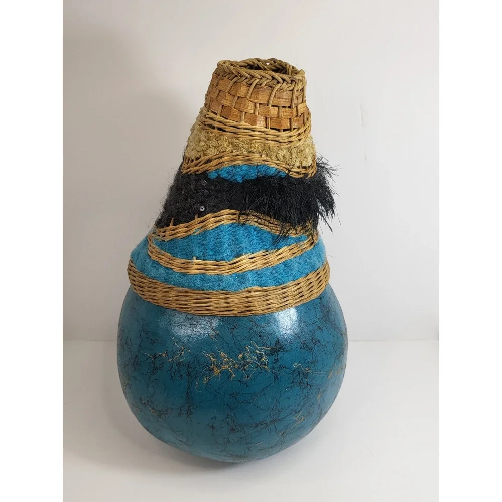 Handmade Mixed Media Gourd Vase Woven Wicker Textile Teal Blue Boho Decor 12in